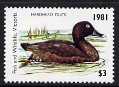 Australia 1981 Fish & Wildlife Hunting Permit Stamp (for Victoria) $3 showing Hardhead Duck unmounted mint*, stamps on ducks    hunting      birds    fish     cinderella