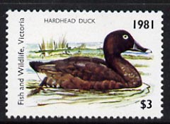 Australia 1981 Fish & Wildlife Hunting Permit Stamp (for Victoria) $3 showing Hardhead Duck unmounted mint*, stamps on , stamps on  stamps on ducks    hunting      birds    fish     cinderella