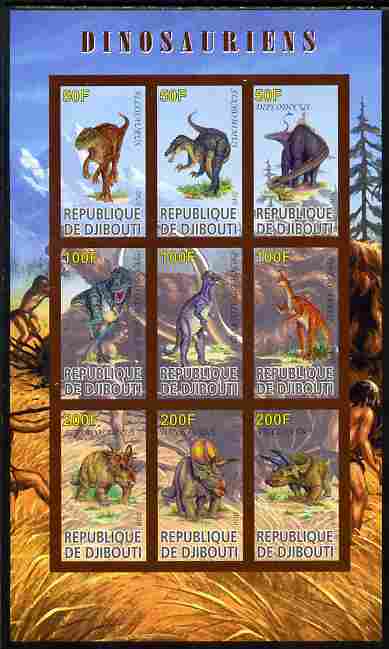 Djibouti 2010 Dinosaurs imperf sheetlet containing 9 values unmounted mint, stamps on , stamps on  stamps on dinosaurs