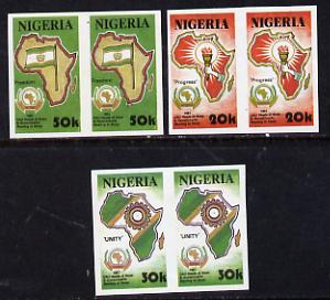 Nigeria 1988 25th Anniversary of OAU - Map of Africa set of 3 in unmounted mint imperf pairs (as SG 607-9)*, stamps on constitutions  maps