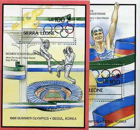 Sierra Leone 1989 Seoul Olympic Medal Winners set of 2 m/sheets unmounted mint, SG MS 1211, stamps on , stamps on  stamps on sport, stamps on  stamps on olympics, stamps on  stamps on fencing, stamps on  stamps on swimming