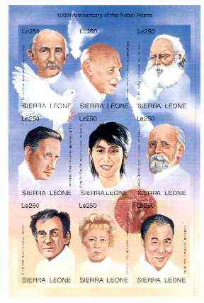 Sierra Leone 1995 Nobel Prize Winners IMPERF sheetlet #2 containing 9 values unmounted mint, as SG 2409a, stamps on , stamps on  stamps on personalities, stamps on  stamps on nobel, stamps on  stamps on peace