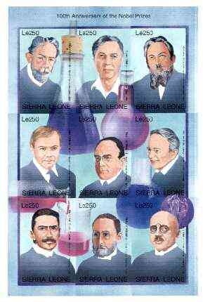 Sierra Leone 1995 Nobel Prize Winners IMPERF sheetlet #3 containing 9 values unmounted mint, as SG 2418a, stamps on , stamps on  stamps on personalities, stamps on  stamps on nobel, stamps on  stamps on chemistry