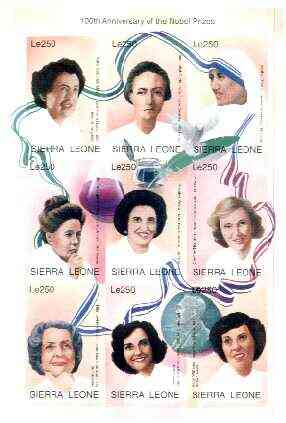 Sierra Leone 1995 Nobel Prize Winners IMPERF sheetlet #4 containing 9 values unmounted mint, as SG 2427a, stamps on personalities, stamps on nobel, stamps on physics, stamps on literature, stamps on chemistry, stamps on peace, stamps on medical, stamps on women