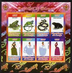 Congo 2010 Disney & Reptiles imperf sheetlet containing 8 values with Scout Logo unmounted mint, stamps on disney, stamps on films, stamps on cinema, stamps on movies, stamps on cartoons, stamps on scouts, stamps on reptiles, stamps on snakes, stamps on frogs