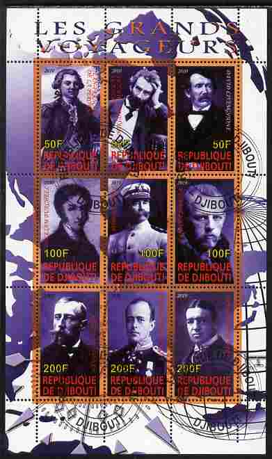 Djibouti 2010 Great Explorers #2 perf sheetlet containing 9 values fine cto used, stamps on personalities, stamps on explorers, stamps on livingstone, stamps on shackleton, stamps on scott