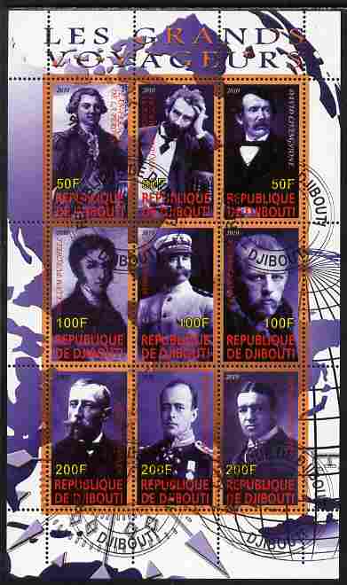 Djibouti 2010 Great Explorers #2 perf sheetlet containing 9 values fine cto used, stamps on , stamps on  stamps on personalities, stamps on  stamps on explorers, stamps on  stamps on livingstone, stamps on  stamps on shackleton, stamps on  stamps on scott