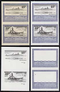 St Vincent - Bequia 1985 Warships of World War 2, 15c HMS Hood unmounted mint set of 4 imperf se-tenant progressive proof pairs comprising printings of blue, black, blue ..., stamps on ships, stamps on  ww2 , stamps on 