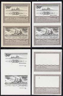 St Vincent - Bequia 1985 Warships of World War 2, 50c HMS Duke of York unmounted mint set of 4 imperf se-tenant progressive proof pairs comprising printings of brown, black, brown & black plus brown & black with buff background (unvarnished) a rare group from the Format archives (4 proof pairs), stamps on , stamps on  stamps on ships, stamps on  stamps on  ww2 , stamps on  stamps on 