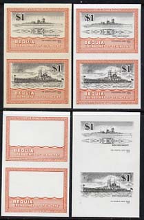 St Vincent - Bequia 1985 Warships of World War 2, $1 KM Admiral Graf Spee unmounted mint set of 4 imperf se-tenant progressive proof pairs comprising printings of orange,..., stamps on ships, stamps on  ww2 , stamps on 