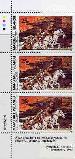 Marshall Islands 1989 History of Second World War (#01) 25c Cavalry & Tanks, unmounted mint strip of 3 with Roosevelt quotation in margin, SG 248, stamps on , stamps on  stamps on ww2     horses      tanks     militaria    teddy bears    usa-presidents, stamps on  stamps on nato, stamps on  stamps on  ww2 , stamps on  stamps on 