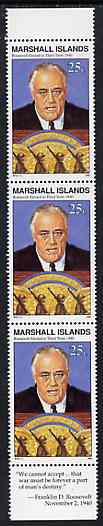 Marshall Islands 1990 History of Second World War (#16) 25c Roosevelt, unmounted mint strip of 3 with Roosevelt quotation in margin, SG 340, stamps on , stamps on  stamps on ww2     roosevelt     personalities      teddy bears    usa-presidents, stamps on  stamps on nato, stamps on  stamps on  ww2 , stamps on  stamps on 