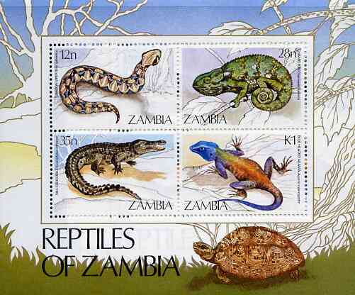 Zambia 1984 Reptiles m/sheet containing set of 4 unmounted mint, SG MS 416, stamps on , stamps on  stamps on animals    reptiles      snakes, stamps on  stamps on snake, stamps on  stamps on snakes, stamps on  stamps on 