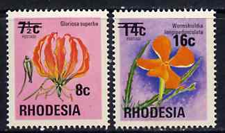 Rhodesia 1974 Surcharged 8c on 7.5c (Lily) & 16c on 14c (Pimpernel) unmounted mint, SG 526-27*, stamps on , stamps on  stamps on flowers