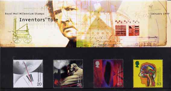 Great Britain 1999 Millennium Series #01 - the Inventors' Tale set of 4 in official presentation pack SG 2069-72*, stamps on , stamps on  stamps on clocks, stamps on inventions, stamps on photography, stamps on computers, stamps on science, stamps on millennium