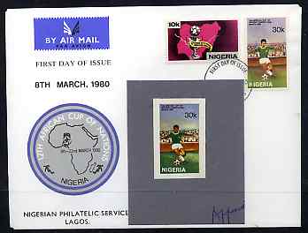 Nigeria 1980 African Cup of Nations Football imperf stamp-sized machine proof of 30k value (Footballer) mounted on small grey card endorsed 'Approval', a superb exhibition item almost certainly UNIQUE (plus First Day Cover showing issued stamps), stamps on , stamps on  stamps on football    sport