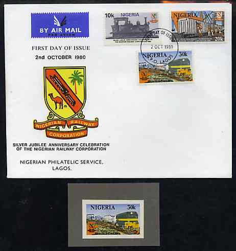 Nigeria 1980 25th Anniversary of Railway Corporation imperf stamp-sized machine proof of 30k value (Freight Train) mounted on small grey card as submitted for approval, a superb exhibition item almost certainly UNIQUE (plus First Day cover with issued stamp SG 414), stamps on , stamps on  stamps on railways