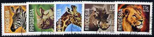 Rhodesia 1978 Animals set of 5 from def set very fine cds used , SG 560-64, stamps on , stamps on  stamps on animals, stamps on  stamps on rhino, stamps on  stamps on lion, stamps on  stamps on warthog, stamps on  stamps on giraffe, stamps on  stamps on zebra, stamps on  stamps on cats, stamps on  stamps on pigs, stamps on  stamps on swine