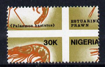 Nigeria 1988 Shrimps 30k unmounted mint single with superb misplacement of vertical & horiz perfs (divided along perfs to include portions of 4 stamps)*, stamps on food   marine-life