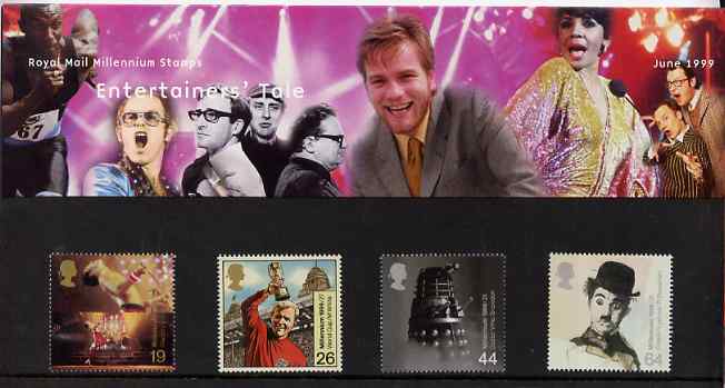 Great Britain 1999 Millennium Series #06 - the Entertainers Tale set of 4 in official presentation pack SG 2092-95*, stamps on music, stamps on  cinema, stamps on  tv , stamps on entertainments, stamps on football, stamps on sci-fi, stamps on films, stamps on , stamps on millennium, stamps on sport