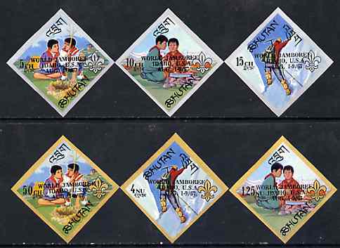 Bhutan 1967 Boy Scouts optd World Jamboree Idaho, unmounted mint imperf set of 6 diamond shaped, SG 141-46var, Mi 155-60B, stamps on scouts           diamond     mountaineering