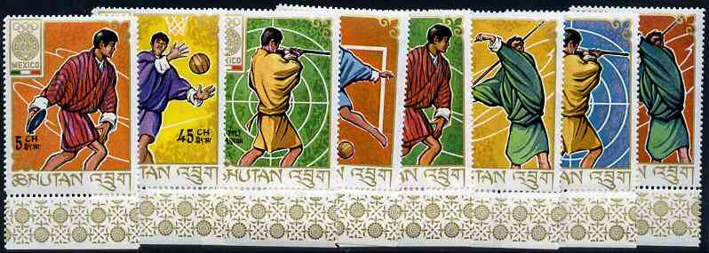 Bhutan 1968 Mexico Olympic Games, unmounted mint perf set of 8, Mi 233-40, stamps on olympics    sport    football    rifle    javelin    discus    basketball