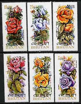 Bhutan 1973 Roses (on scented paper), unmounted mint perf set of 6, Mi 545-50A, stamps on flowers, stamps on roses