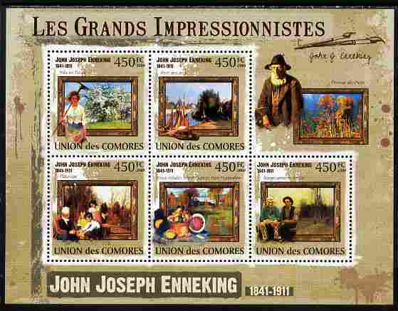 Comoro Islands 2009 The Impressionists - John Joseph Enneking perf sheetlet containing 5 values unmounted mint, stamps on , stamps on  stamps on arts