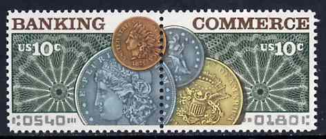 United States 1975 Banking and Commerce se-tenant pair unmounted mint, SG 1576-77, stamps on , stamps on  stamps on banking    coins     finance