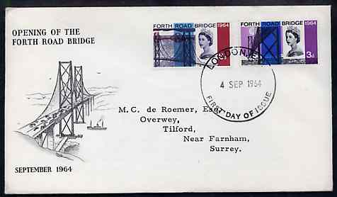 Great Britain 1964 Opening of Forth Road Bridge phosphor set of 2 on illustrated cover with first day cancel (typed address) SG 659-60p, stamps on , stamps on  stamps on bridges    civil engineering