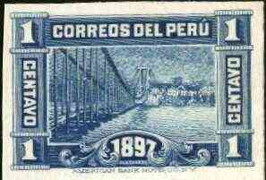 Peru 1897 New Postal Building 1c (Suspension Bridge) imperf proof on thin card in near issued colour from ABNCo archives, as SG 349, stamps on bridges    civil engineering, stamps on postal