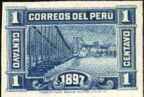 Peru 1897 New Postal Building 1c (Suspension Bridge) imperf proof on thin card in near issued colour from ABNCo archives, as SG 349, stamps on , stamps on  stamps on bridges    civil engineering, stamps on  stamps on postal