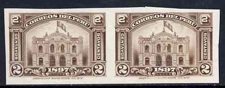 Peru 1897 New Postal Building 2c (GPO Lima) imperf proof pair on ungummed paper in near issued colour from ABNCo archives, as SG 350, stamps on postal