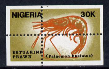 Nigeria 1988 Shrimps 30k unmounted mint single with superb misplacement of vertical & horiz perfs (divided along margins so stamp is quartered)*, stamps on food   marine-life