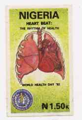 Nigeria 1992 World Health Day (Heart) imperf stamp-sized machine proof of 1n50 value mounted on card as submitted for approval,  reverse shows handstamp snd signsture of ..., stamps on medical, stamps on heart