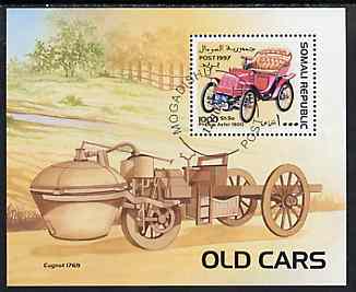 Somalia 1997 Old Cars perf miniature sheet cto used, stamps on cars, stamps on cugnot, stamps on aster