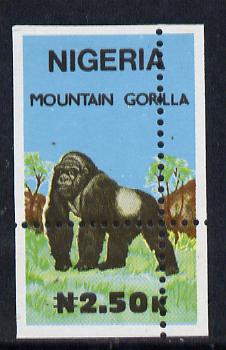 Nigeria 1990 Wildlife - Gorilla N2.50 unmounted mint with horiz & vert perfs misplaced (divided along margins so stamp is quartered)*, stamps on , stamps on  stamps on animals    apes