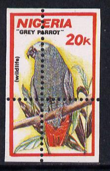 Nigeria 1990 Wildlife - Grey Parrot 20k unmounted mint with horiz & vert perfs misplaced (divided along margins so stamp is quartered)*, stamps on birds, stamps on parrots