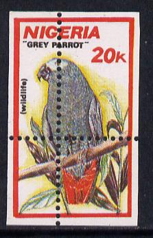 Nigeria 1990 Wildlife - Grey Parrot 20k unmounted mint with horiz & vert perfs misplaced (divided along margins so stamp is quartered)*, stamps on , stamps on  stamps on birds, stamps on  stamps on parrots