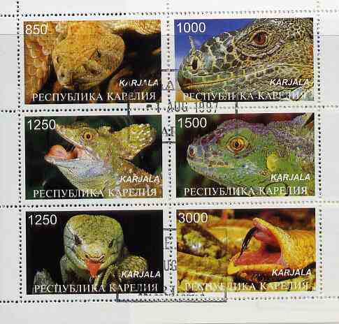 Karjala Republic 1997 Snakes perf sheetlet containing complete set of 6 cto used, stamps on reptiles    snakes, stamps on snake, stamps on snakes, stamps on 