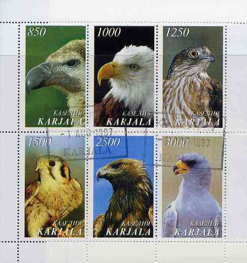 Karjala Republic 1997 Wild Birds perf sheetlet containing complete set of 6 cto used, stamps on birds, stamps on birds of prey