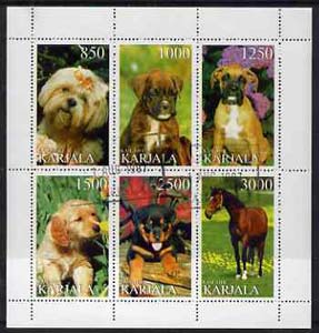 Karjala Republic 1997 Dogs perf sheetlet containing complete set of 6 (5 dogs, 1 horse) cto used, stamps on dogs, stamps on horses