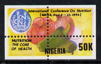 Nigeria 1992 Conference on Nutrition - 50k (Fruit & Vegetables) unmounted mint with vert & horiz perfs misplaced (divided along margins so stamp is quartered)*, stamps on , stamps on  stamps on food  fruit