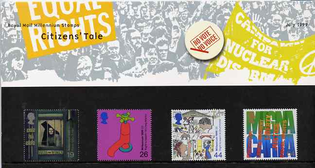 Great Britain 1999 Millennium Series #07 - the Citizens Tale set of 4 in official presentation pack SG 2098-2101, stamps on human rights, stamps on women, stamps on education, stamps on medical, stamps on millennium