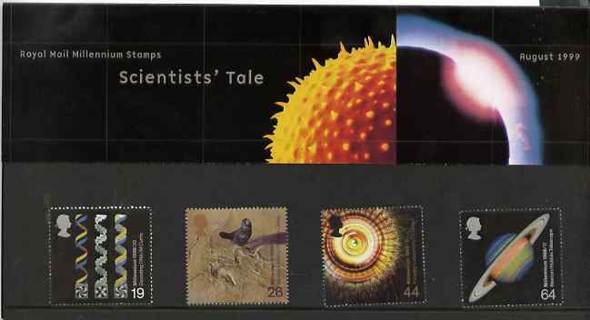 Great Britain 1999 Millennium Series #08 - the Scientists' Tale set of 4 in official presentation pack SG 2102-05, stamps on , stamps on  stamps on science, stamps on fossils, stamps on space, stamps on energy, stamps on planets, stamps on astronomy, stamps on millennium