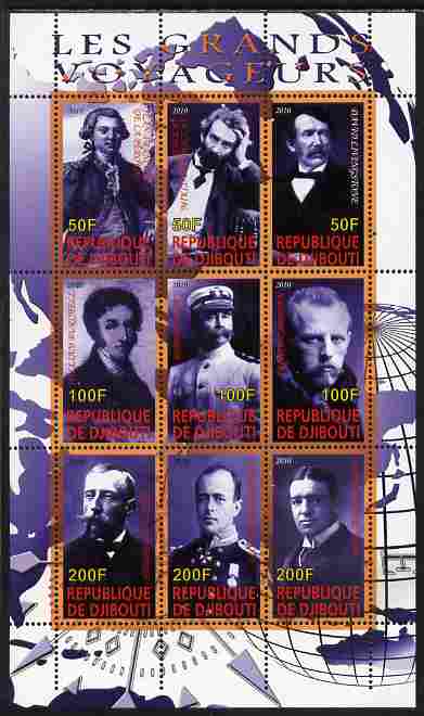 Djibouti 2010 Great Explorers #2 perf sheetlet containing 9 values unmounted mint, stamps on personalities, stamps on explorers, stamps on livingstone, stamps on shackleton, stamps on scott