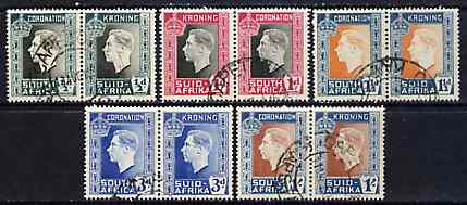 South Africa 1937 KG6 Coronation set of 5 bi-lingual horizontal pairs very fine used, SG 71-75, stamps on , stamps on  stamps on royalty, stamps on  stamps on  kg6 , stamps on  stamps on coronation