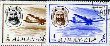 Ajman 1967 Airliners (4Dh & 5R cto used from Transport perf set of 14) Mi 130 & 139*, stamps on aviation