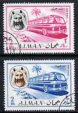 Ajman 1967 Bus (2Dh & 2R cto used from Transport perf set of 14) Mi 128 & 137*, stamps on buses