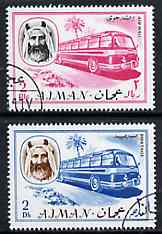 Ajman 1967 Bus (2Dh & 2R cto used from Transport perf set of 14) Mi 128 & 137*, stamps on buses  